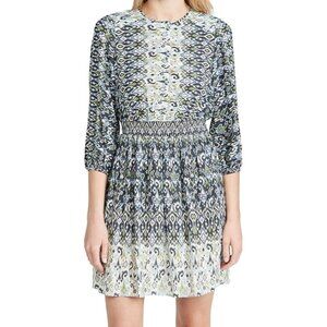 Shoshanna Womens Mirza Dress Blue Geo Ikat Smocked Waist 3/4 Sleeve‎ Size 6